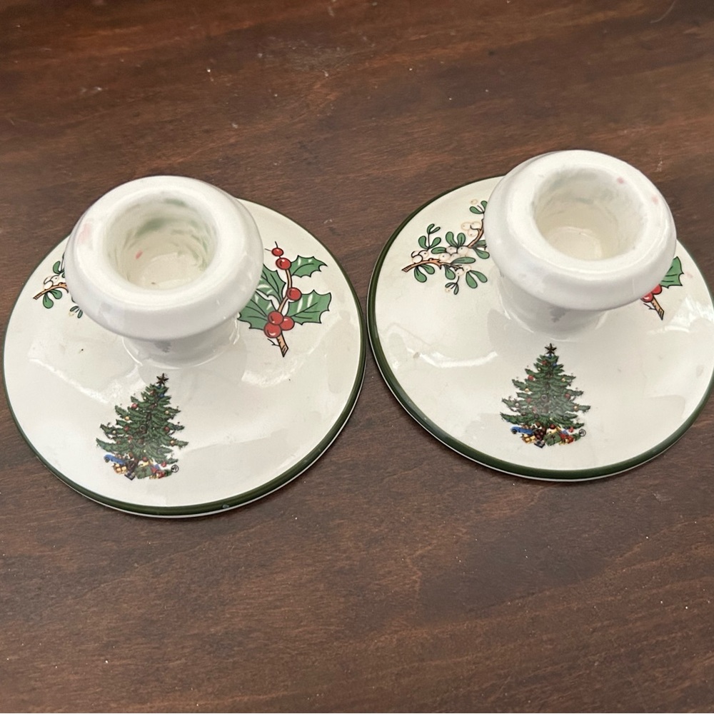 Festive Cuthbertson Original Christmas Tree China Candle Holders - pair